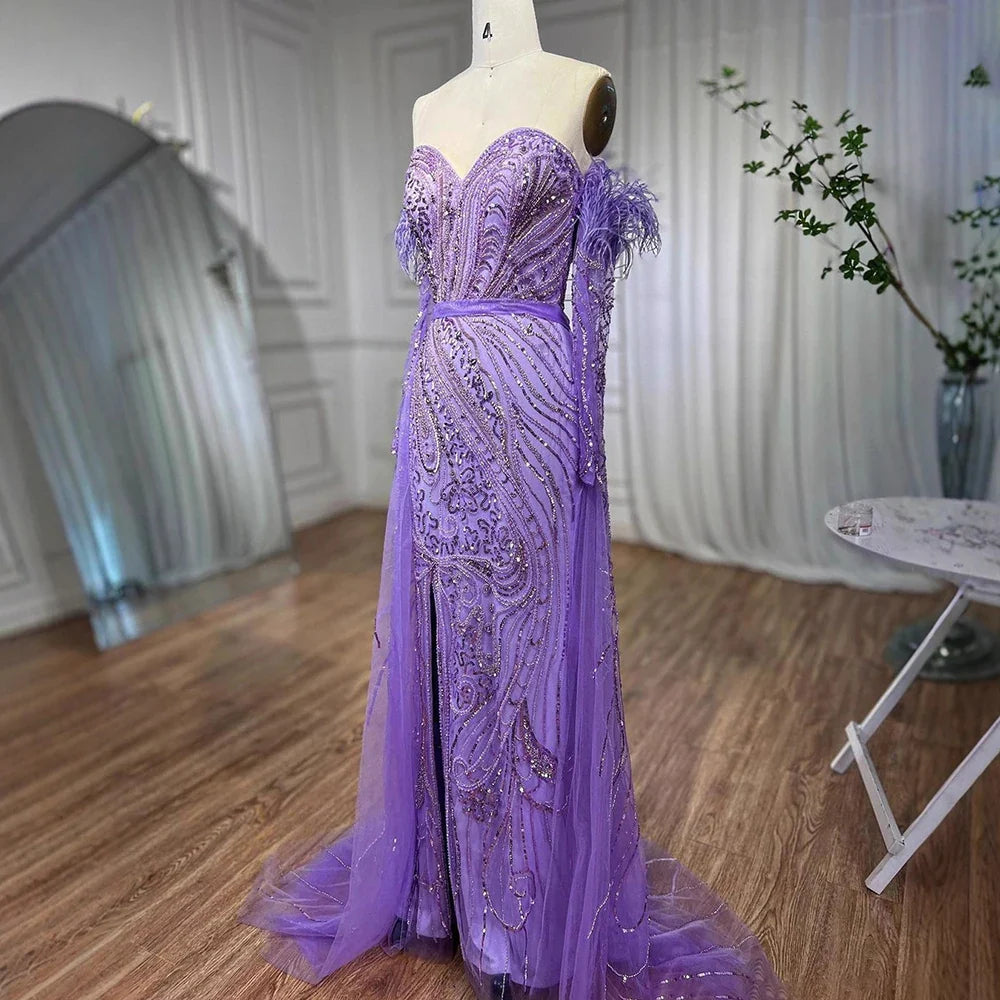Luxury Arabic Nude Mermaid High Split Feather Beaded Evening Dress LA71910