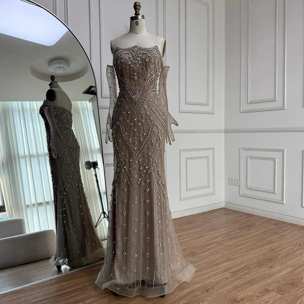 Luxury Caramel Crystal Beaded Mermaid Evening Gown with Gloves LA73186