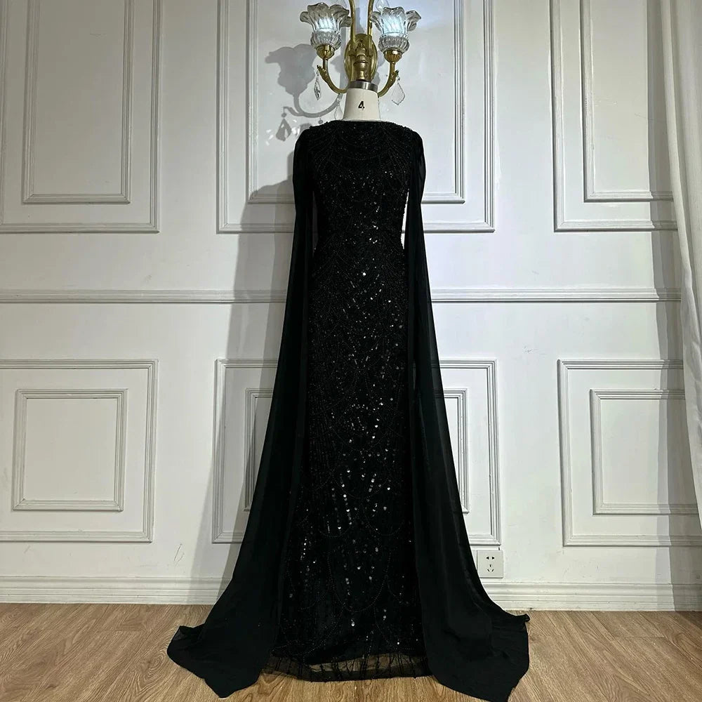 Luxury Blue Mermaid Evening Dress with Cape Sleeves Beaded Gown LA72160A