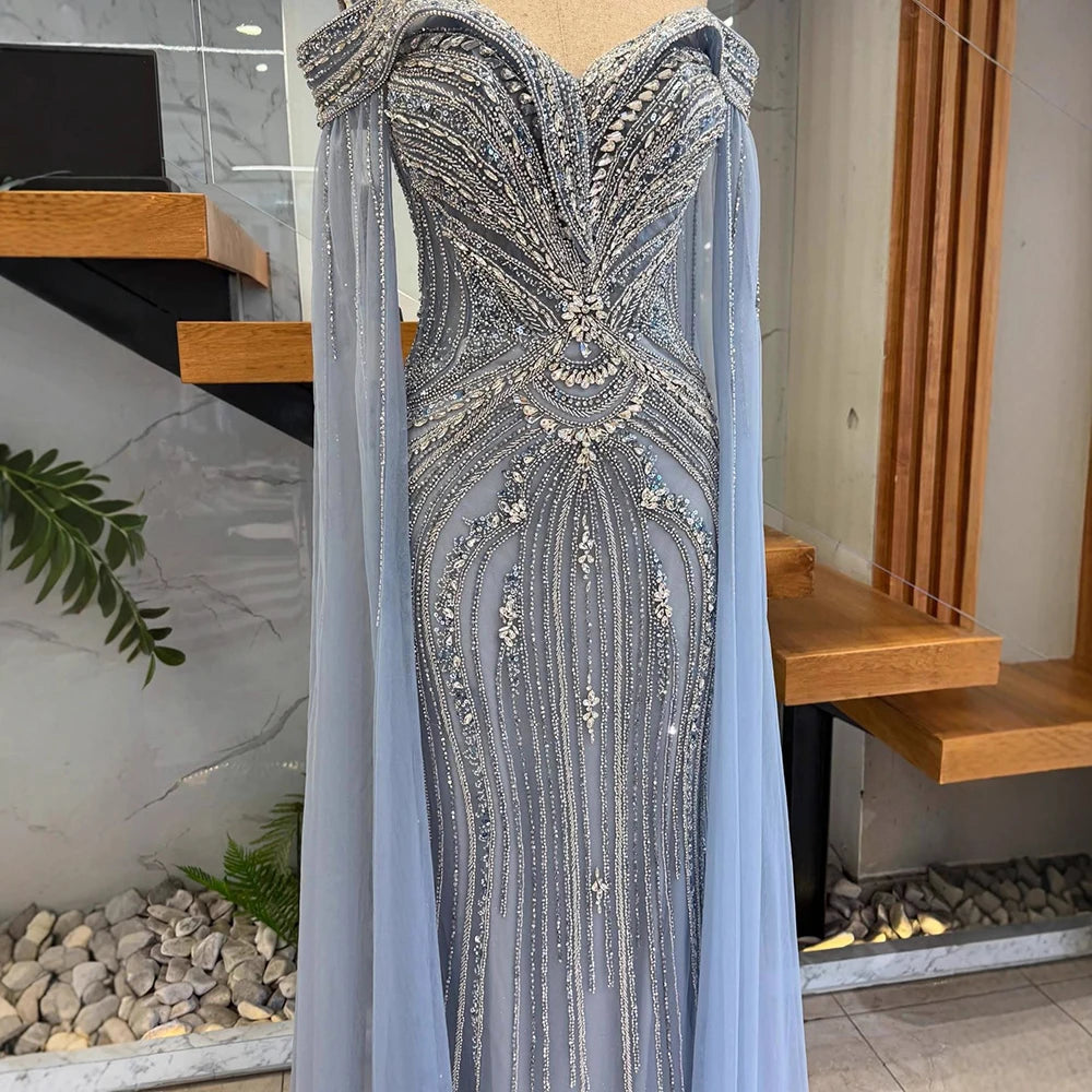 Luxury Blue Beaded Cape Sleeve Saudi Arabic Evening Dress LA73151