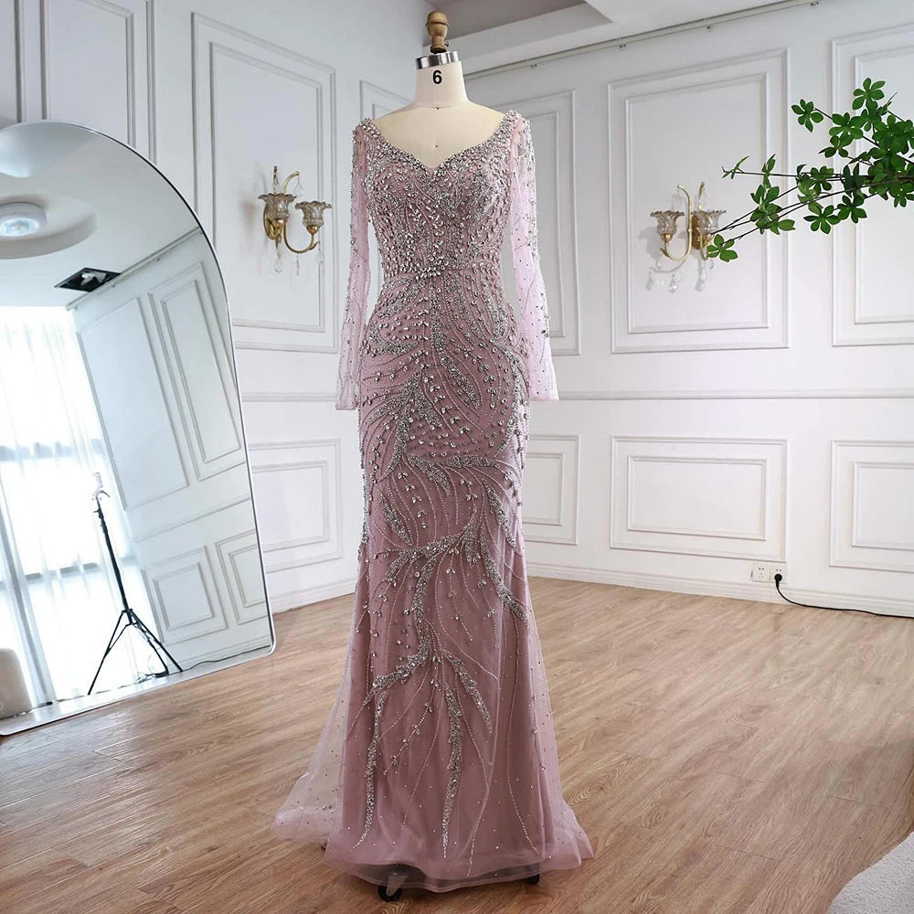 Luxury Muslim Nude Arabic Mermaid Beaded Evening Dress LA73191