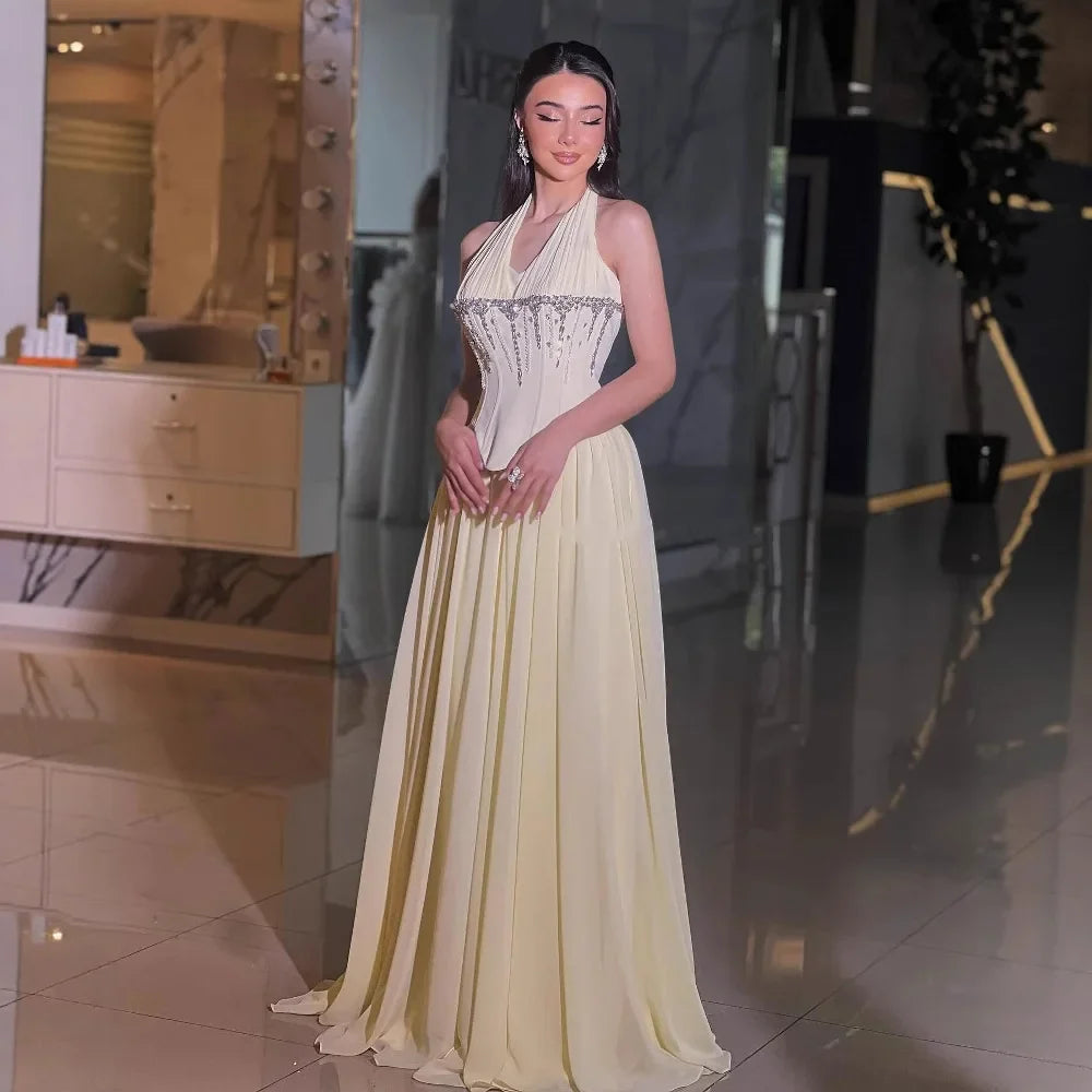 Elegant Yellow Chiffon Halter Beaded Ball Gown Evening Dress LA73074