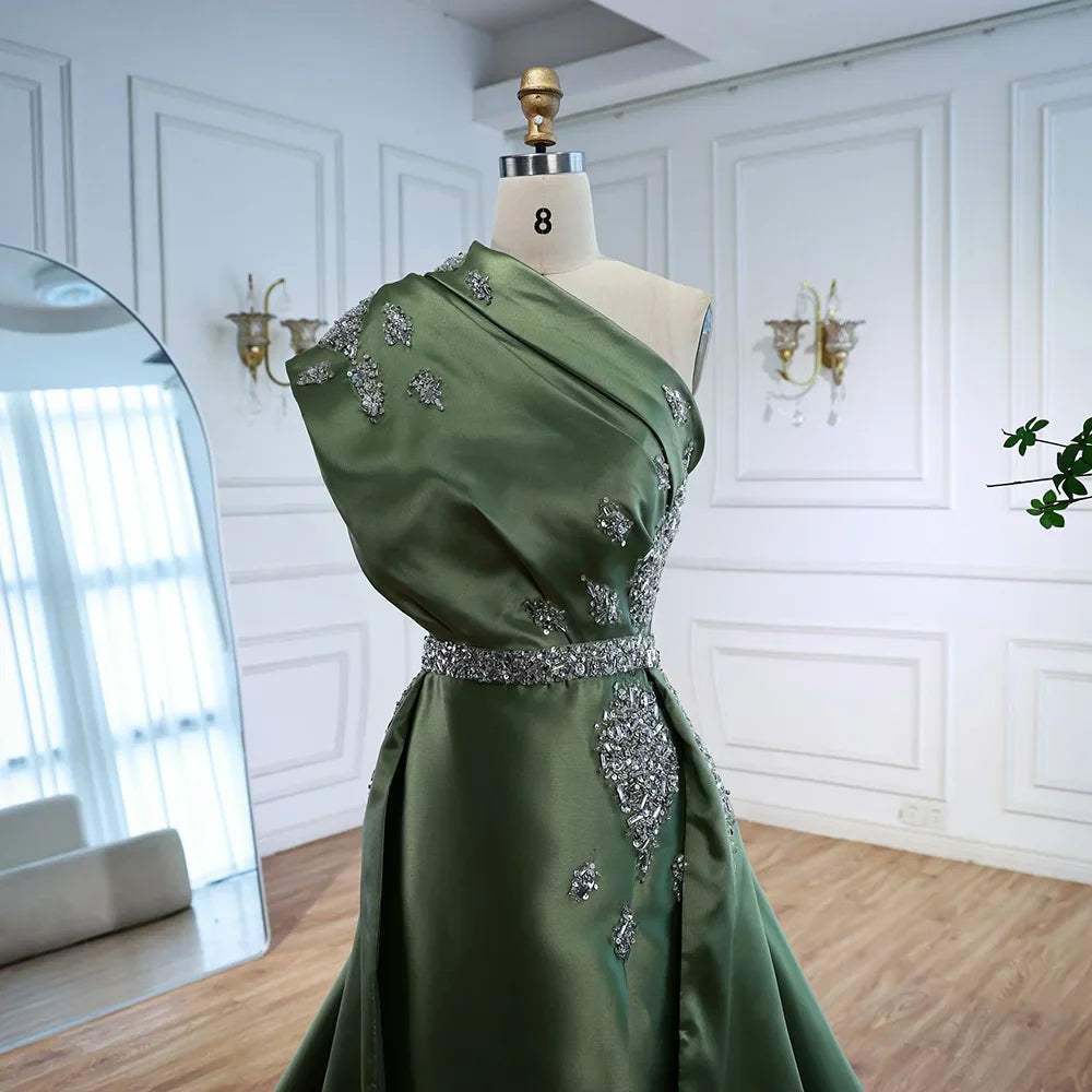 Luxury Dark Green Satin Beaded One Shoulder Evening Dress LA72845