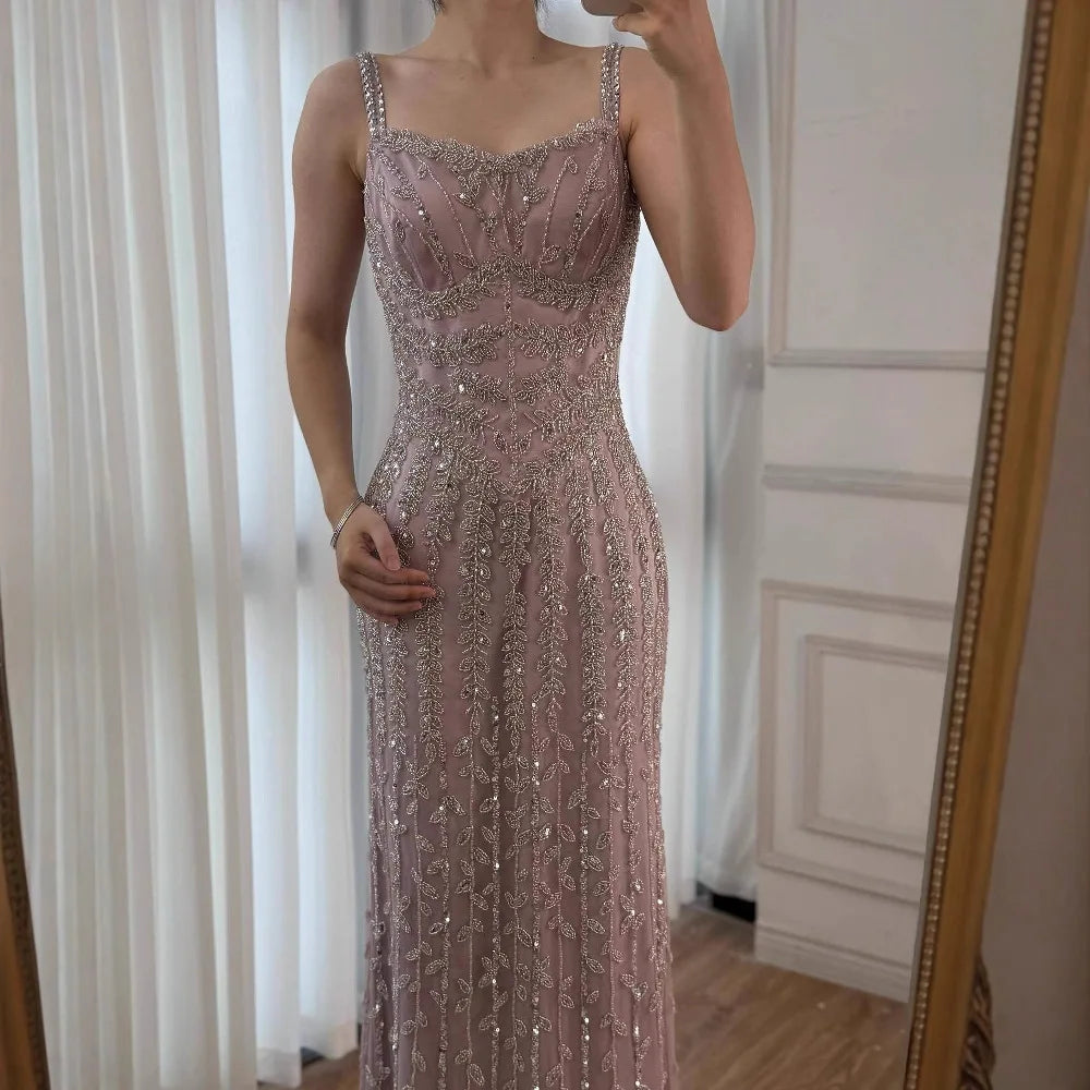 Luxury Arabic Blue Spaghetti Strap Mermaid Evening Dress Beaded LA72725