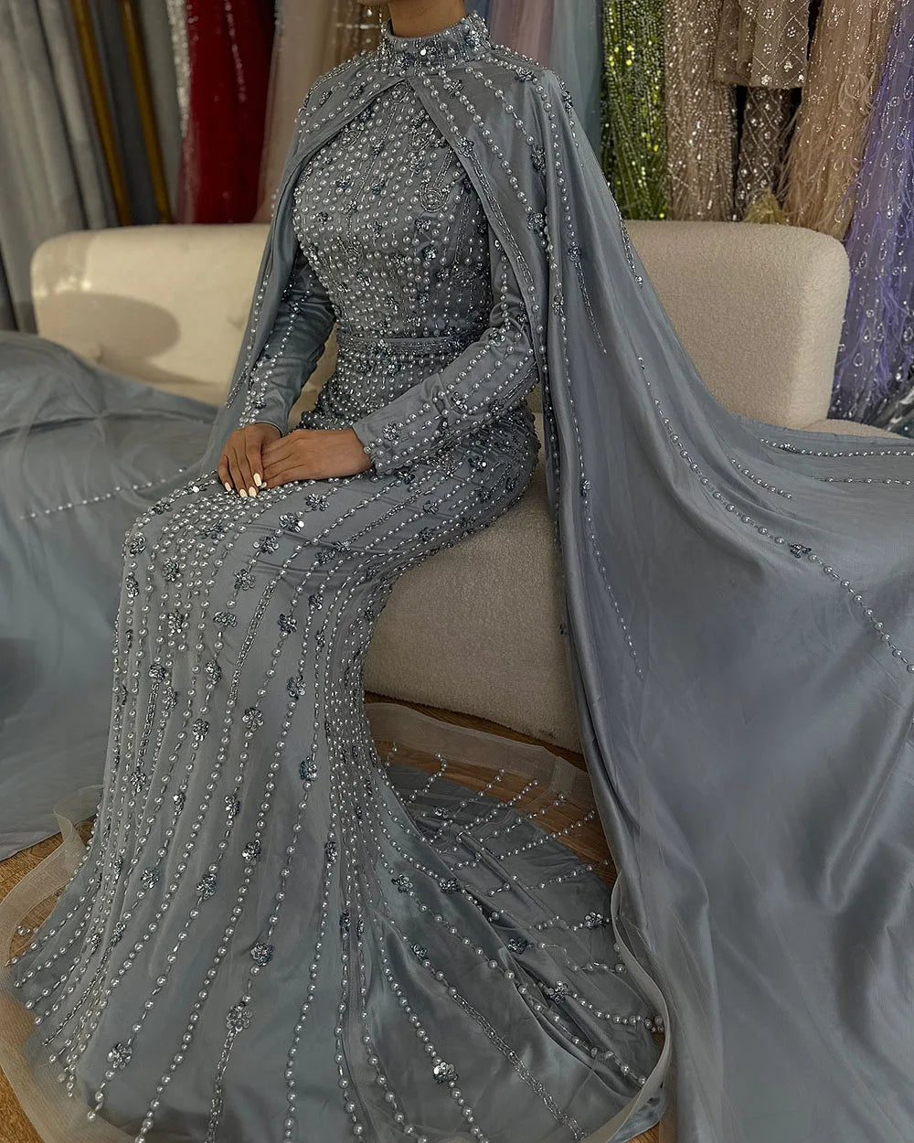 Luxury Blue Muslim Mermaid Beaded Evening Gowns with Cape Sleeves LA72533
