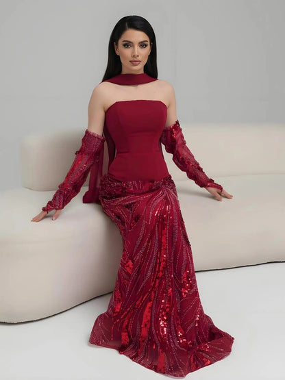 Luxury Wine Red Mermaid Evening Dress With Gloves LA73050E