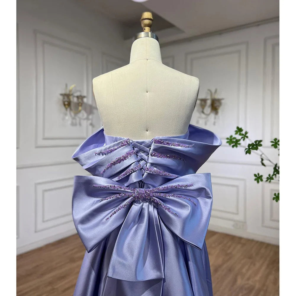 Elegant Off Shoulder Lilac Evening Dress with Overskirt LA72075