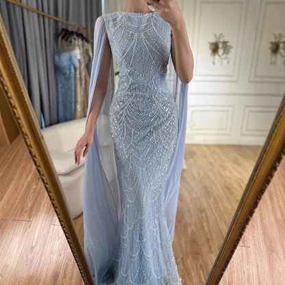 Luxury Blue Mermaid Evening Dress with Cape Sleeves Beaded Gown LA72160A