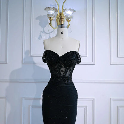 Classy Black Off-Shoulder Lace Prom Dress LA72999