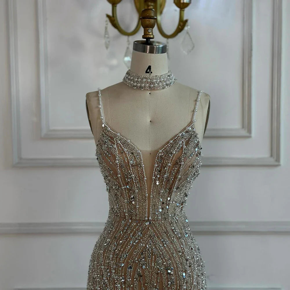 White Nude Beaded Mermaid Evening Dress with Spaghetti Straps LA72047D