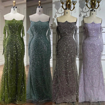 Luxury Pearls Green Mermaid Evening Dress With Gloves Plush Size LA72352