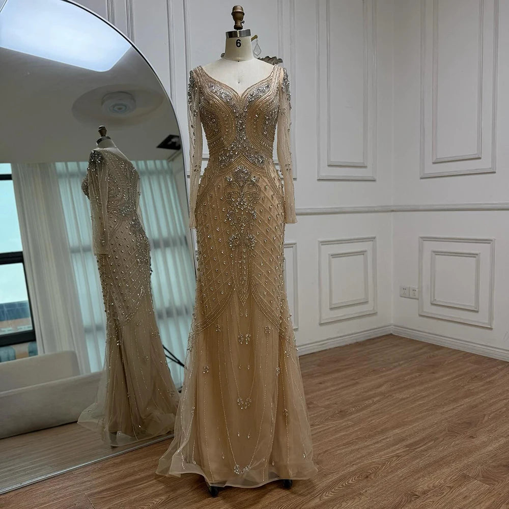Luxury Nude Long Sleeve Beaded Mermaid Evening Dress LA73155
