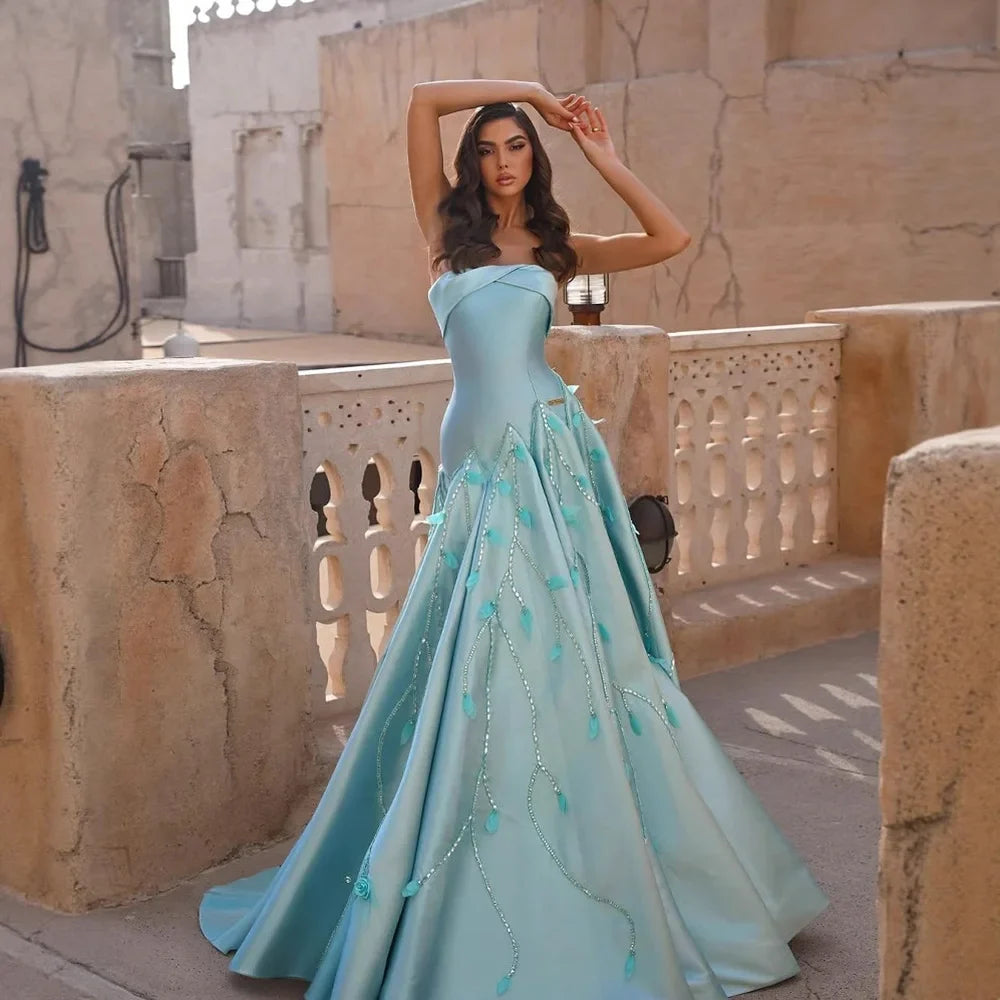 Luxury Blue Strapless Satin Mermaid Evening Dress LA73046