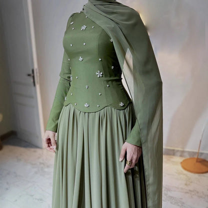 Luxury Olive Green Beaded Evening Dress with Cape LA73217