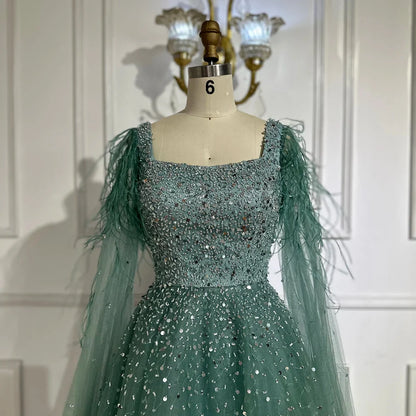 Luxury Blue A-Line Feathers Beaded Evening Dress with Cape Sleeves LA71782A