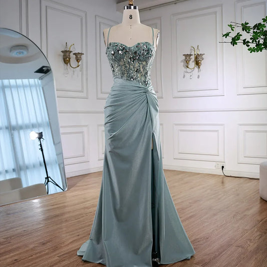 Luxury Light Green Satin Prom Dress with Lace and Slit LA73032A