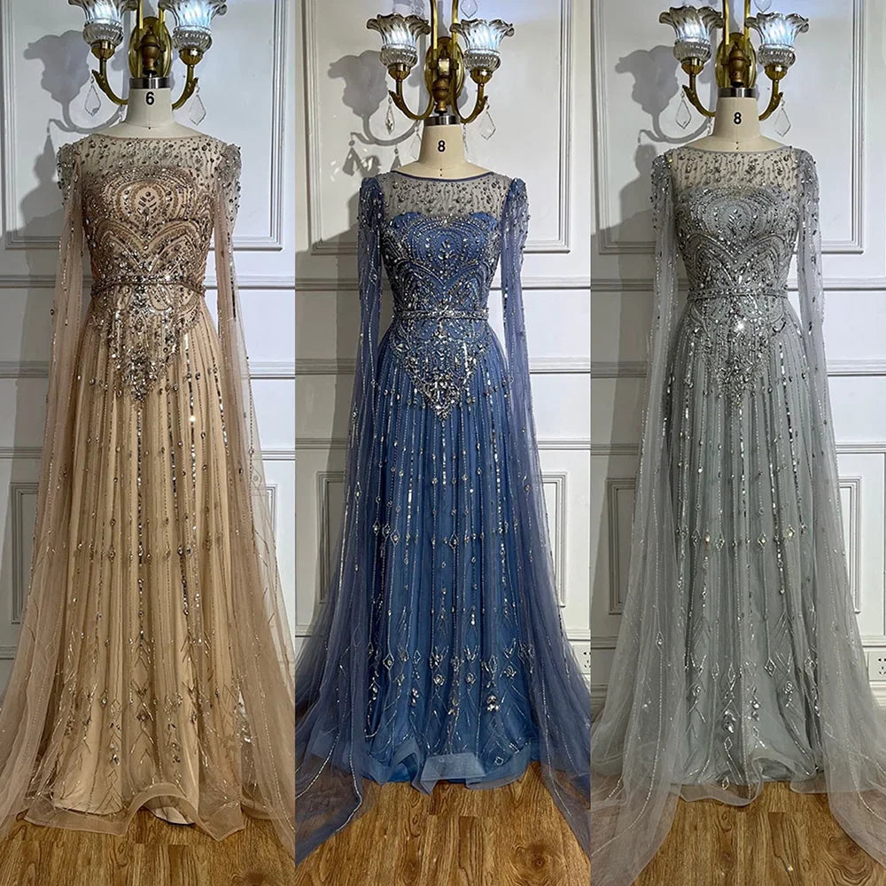 Luxury Designer Blue Beaded Stone Arabic Evening Dress With Cape Sleeve LA72635