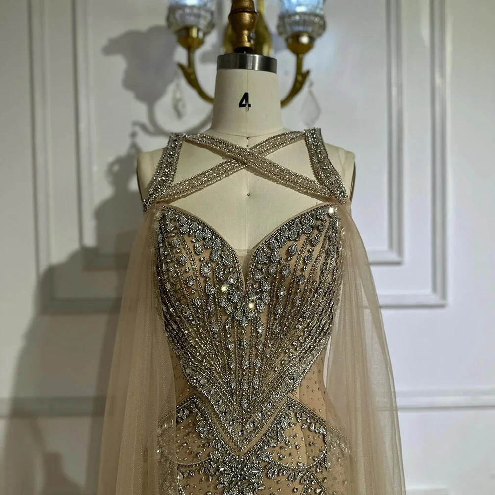 Luxury Nude Cape Sleeves Beaded Crystal Evening Dress LA72806