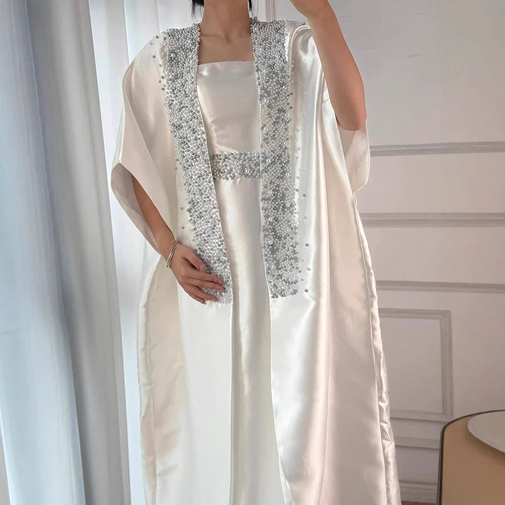 Luxury Dubai White Satin Mermaid Evening Dress with Long Cape LA72825