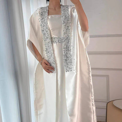 Luxury Dubai White Satin Mermaid Evening Dress with Long Cape LA72825