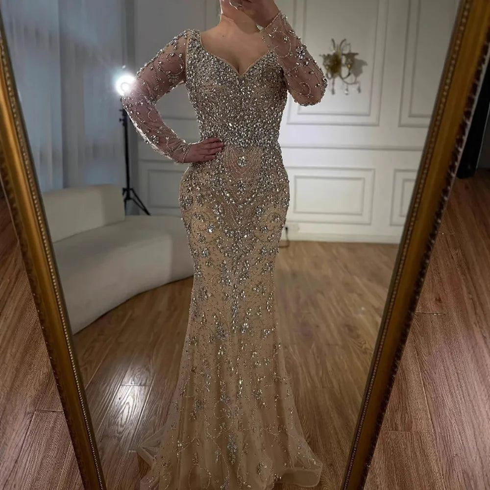 Luxury Nude Beaded Crystal Mermaid Evening Dress with Long Sleeves LA73042