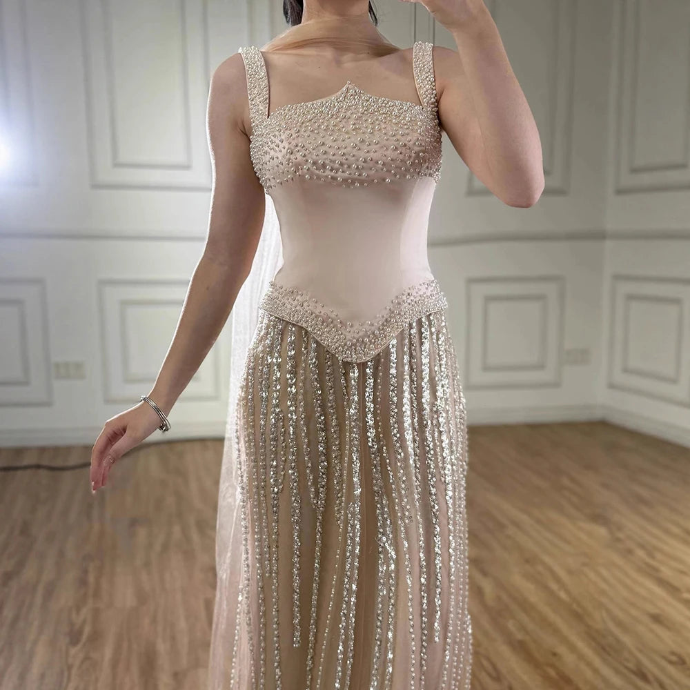 Glamorous Pink Strapless Mermaid Evening Dress with Pearls LA73070