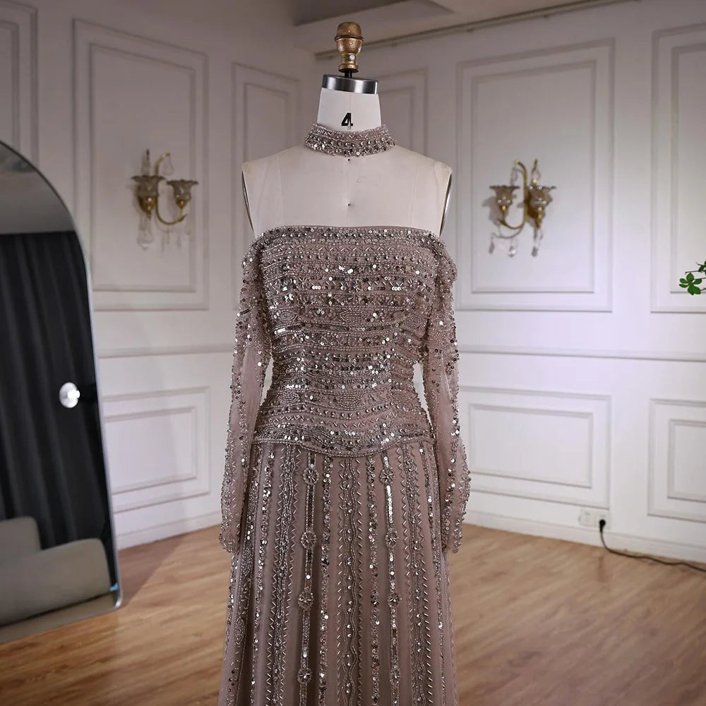 Caramel Off Shoulder Beaded Mermaid Evening Dress Long Sleeves LA73053
