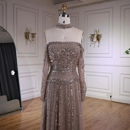 Caramel Off Shoulder Beaded Mermaid Evening Dress Long Sleeves LA73053