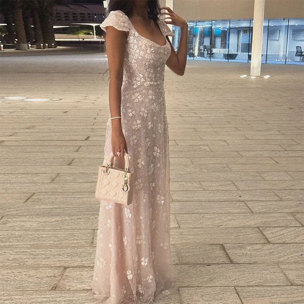 Luxury Pink Floral Appliqué Evening Dress with Open Back 2025 LA73119