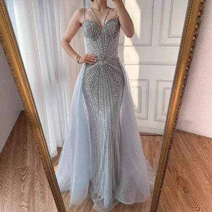 Luxury Nude Spaghetti Strap Mermaid Evening Dress with Overskirt Beaded LA73090A