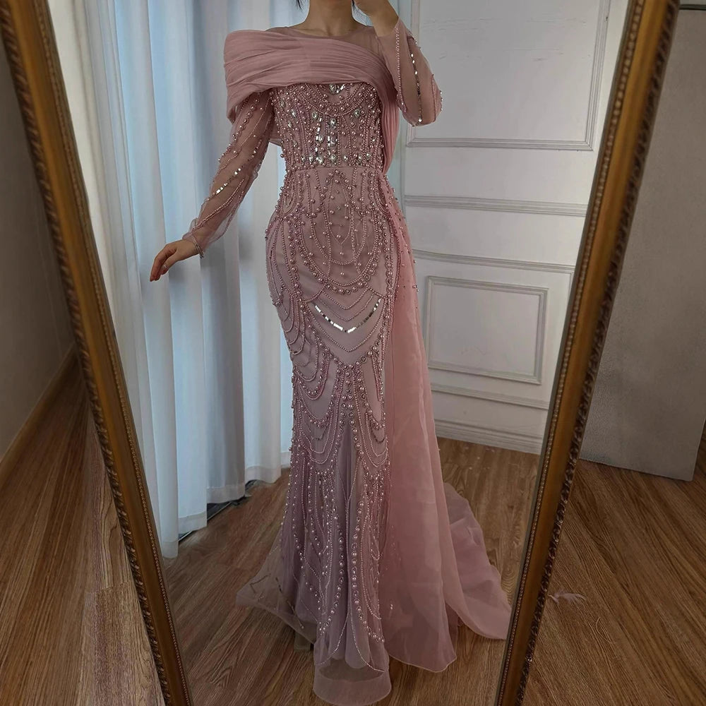 Nude Crystal Mermaid Evening Dress with Overskirt LA72348