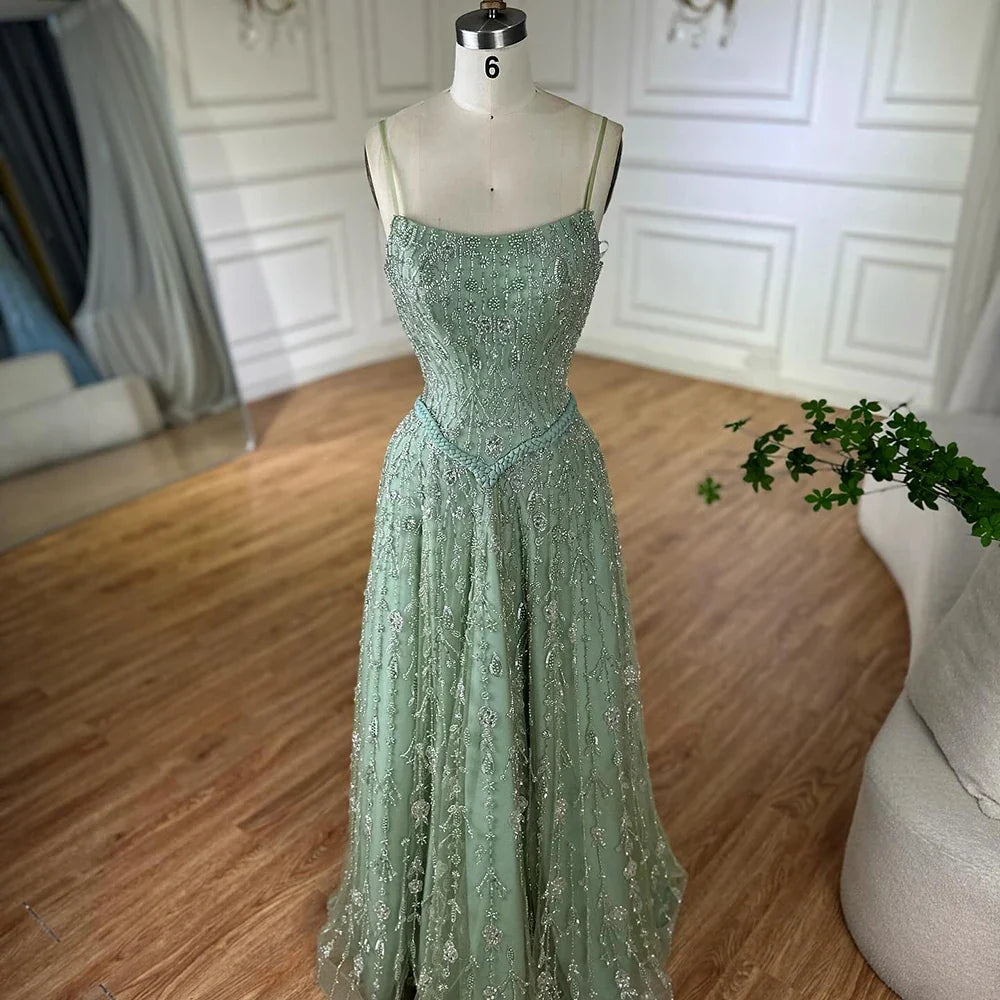 Luxury Sage Green Beaded A Line Spaghetti Strap Evening Dresses Gown LA72805
