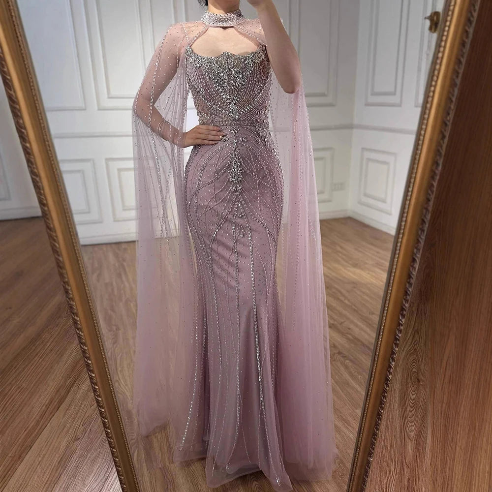 Luxury Dubai Nude Mermaid Evening Dress with Cape Sleeves LA73195