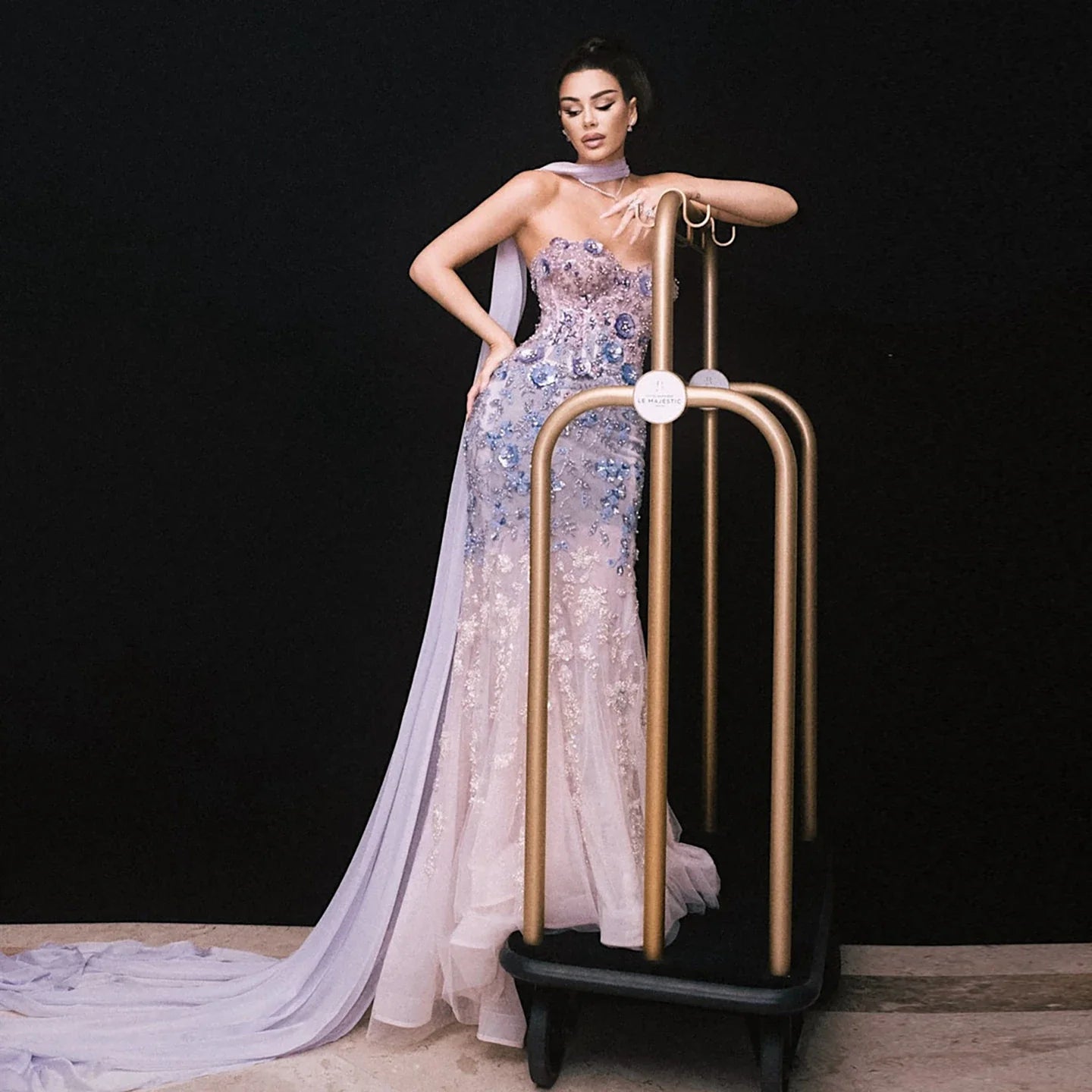 Luxury Pink Chiffon Beaded A-Line Evening Dress with Sheer Cape LA73347