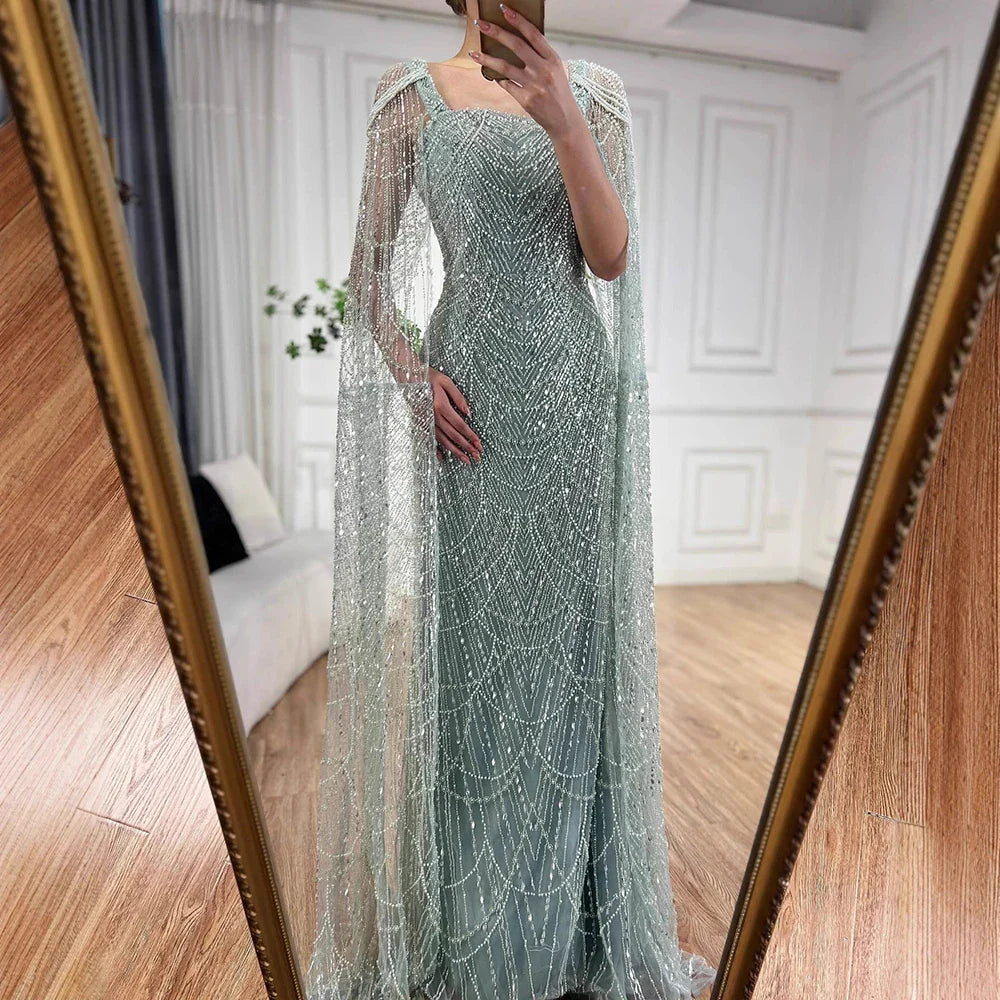 Luxury Turquoise Beaded Pearl Arabic Evening Dress with Cape Sleeves LA72590