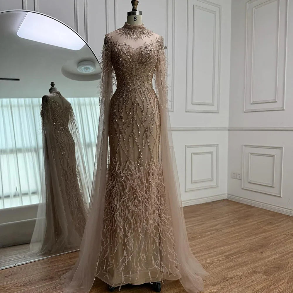 Luxury Nude Feather Beaded High Neck Formal Evening Dress for Women LA71885C