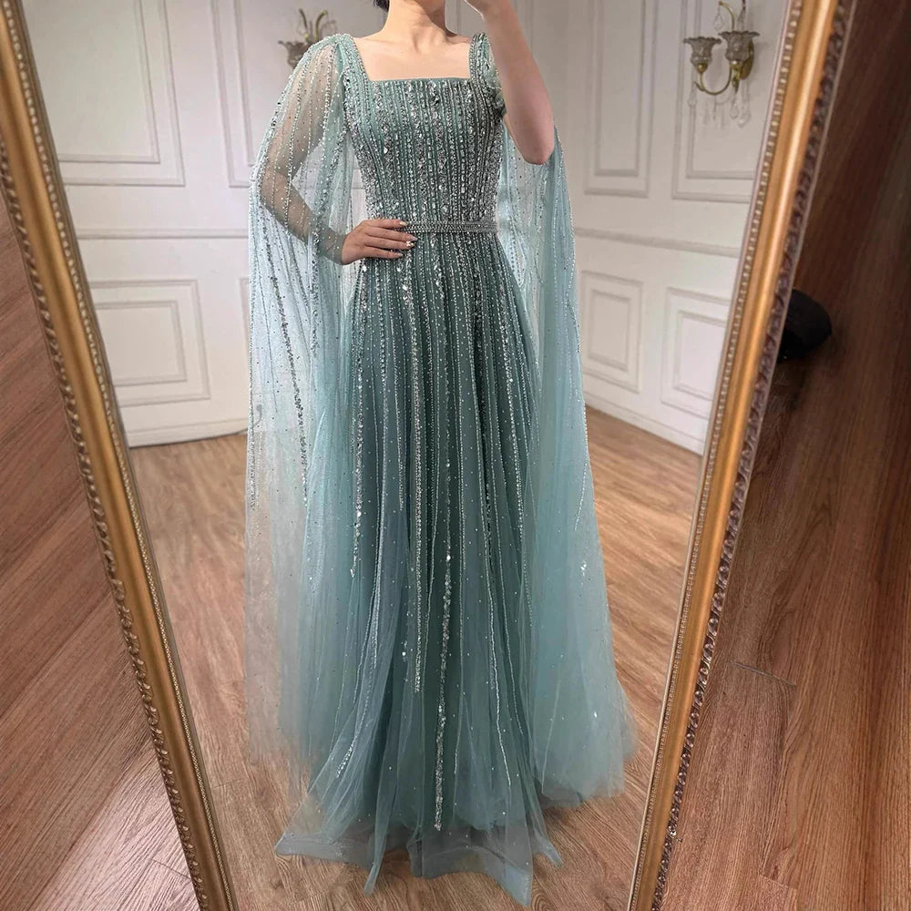Luxury Dubai Square Neck Beaded Evening Gown with Cape LA73188