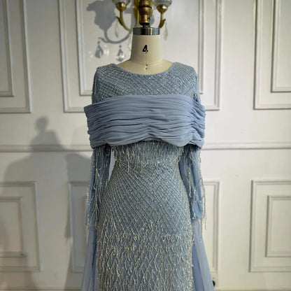 Arabic Blue Mermaid Evening Dress with Beaded Tassels LA72374A