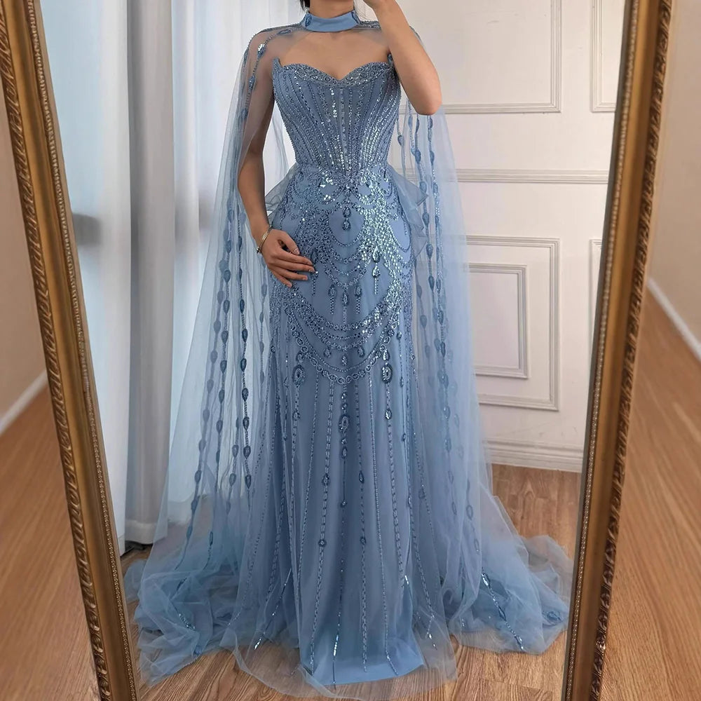 Luxury Blue Sequin Beaded Evening Dress with Cape Sleeves LA73108