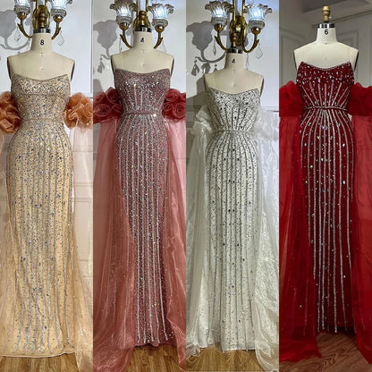 Arabic Pink Beaded Mermaid Evening Dress Puff Sleeves LA72569