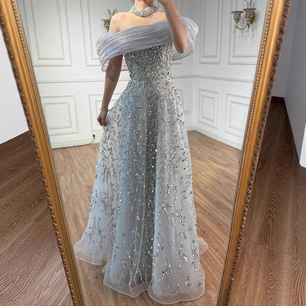 Glamorous Silver Gray Off Shoulder Beaded A-Line Evening Dress LA73062