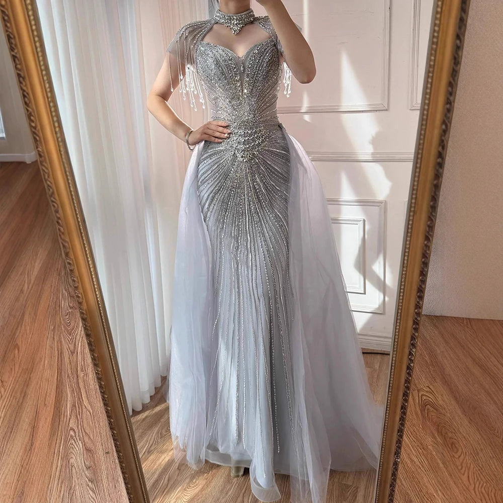 Luxury Nude Beaded Mermaid Evening Dress with Overskirt LA73182
