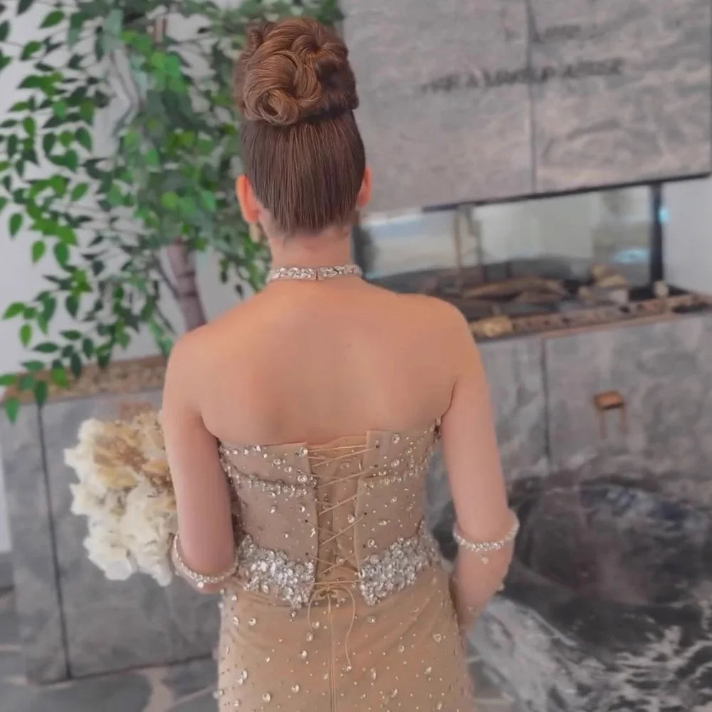 Luxury Nude Strapless Crystal Beaded Mermaid Evening Gown with Gloves LA73138