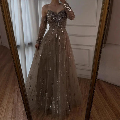 Luxury Caramel Crystal Beaded   Long Sleeve Mermaid Evening Dress LA73130