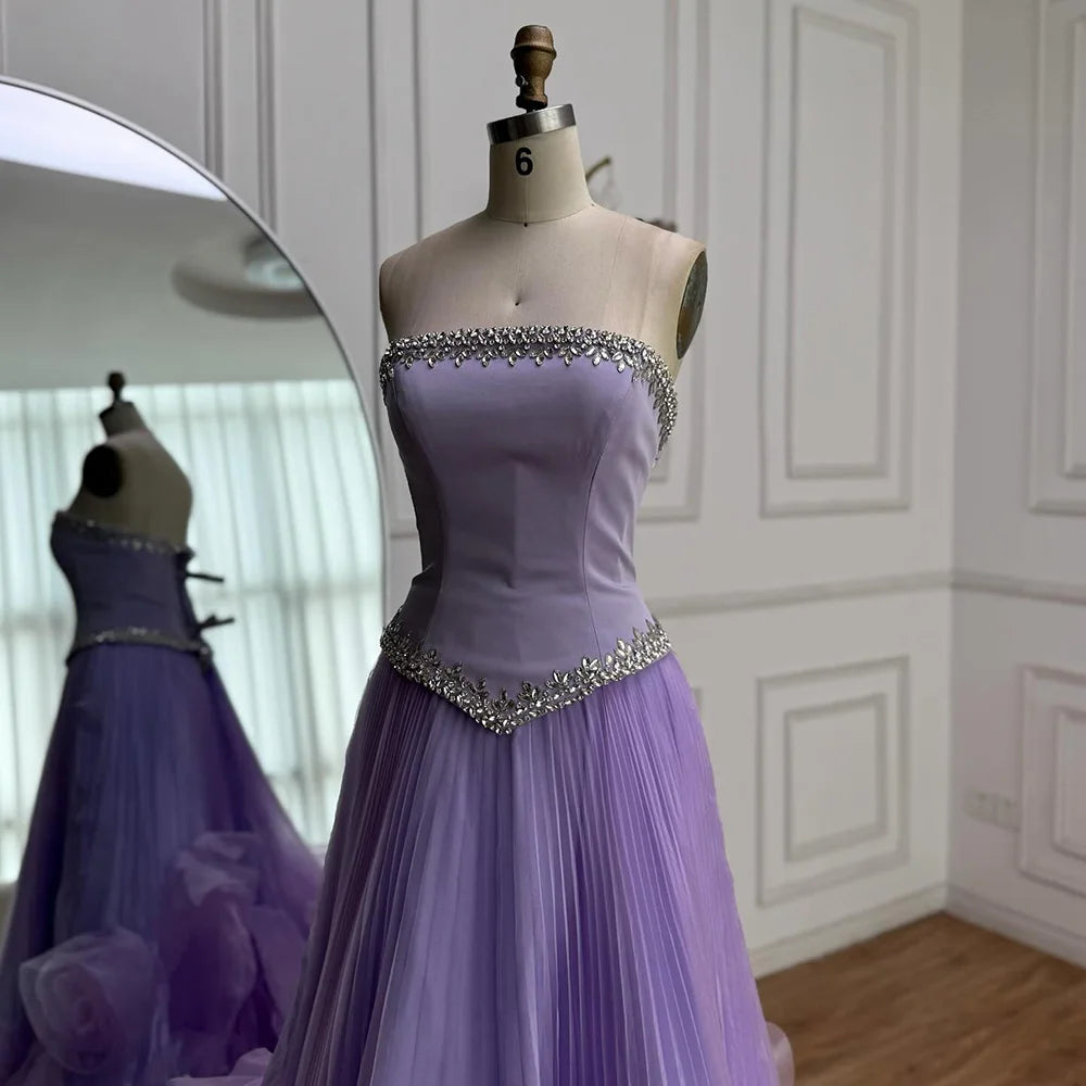 Luxury Lilac Strapless Beaded Evening Dress with Floral Train LA72913A