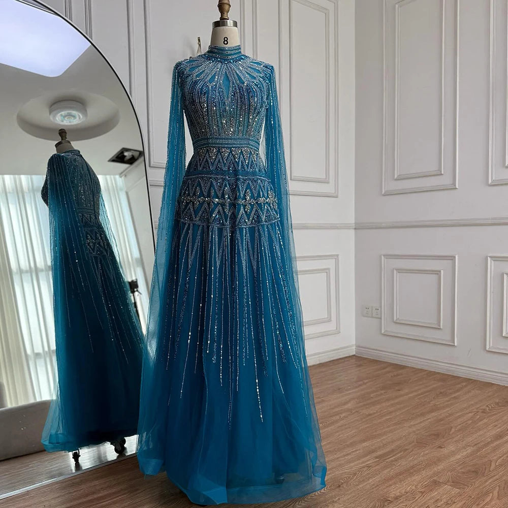 Luxury Arabic Blue Beaded Evening Dress with Cape Sleeves LA73187