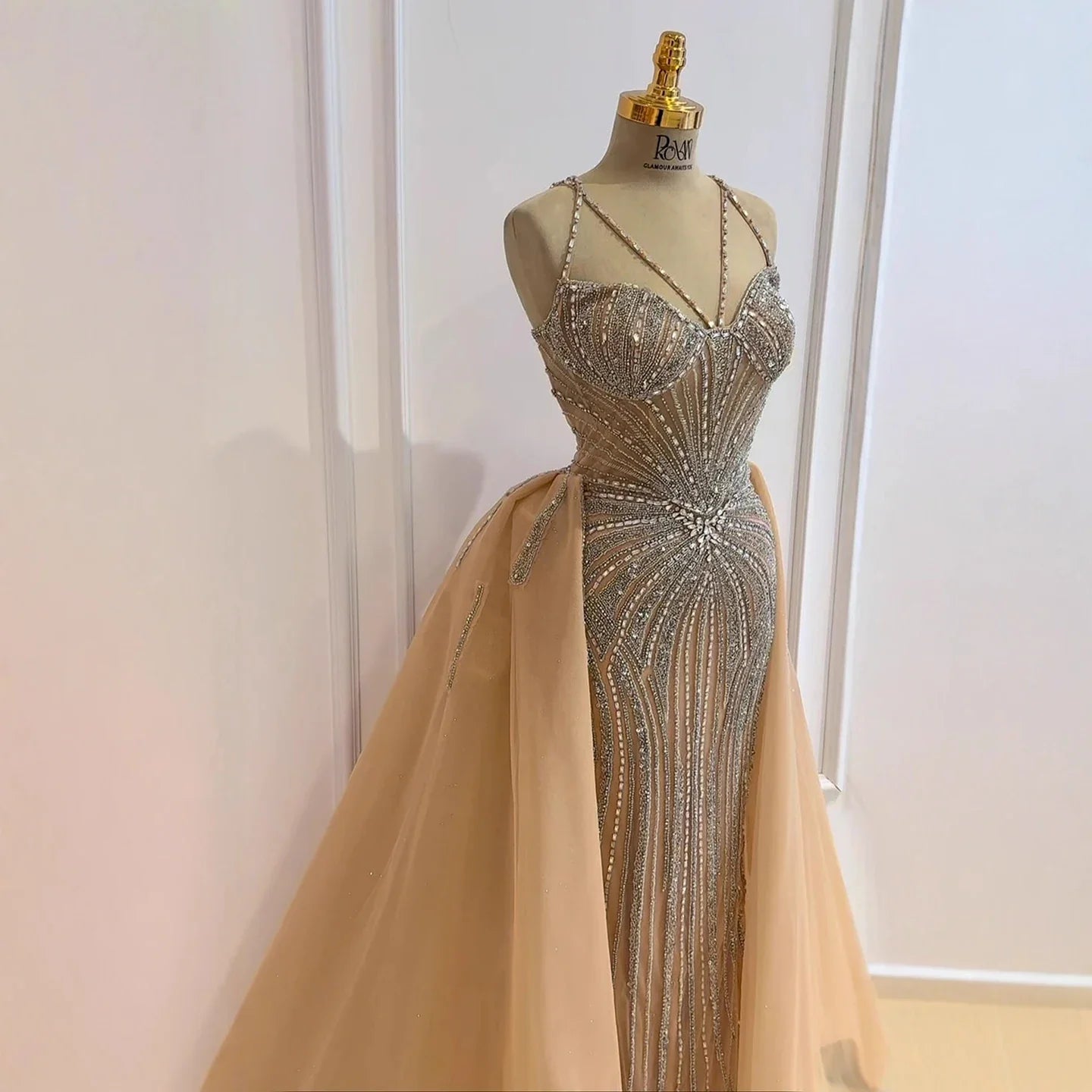 Luxury Nude Spaghetti Strap Mermaid Evening Dress with Overskirt Beaded LA73090A