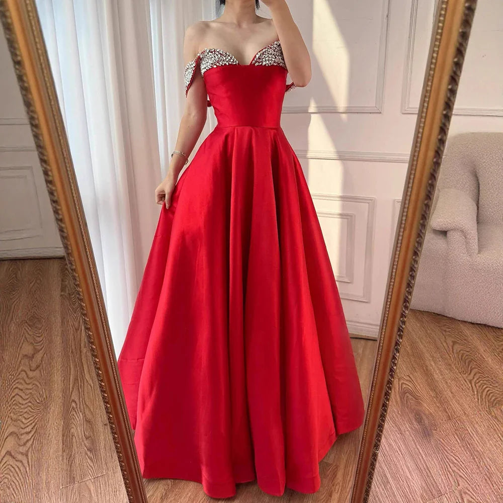 Luxury Red Beaded A-Line Prom Dress with Spaghetti Straps LA73049