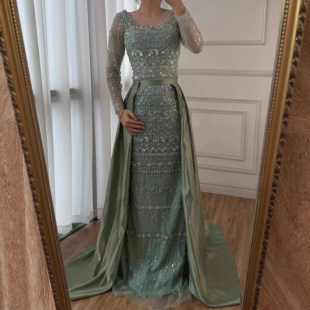 Luxury Sage Green Arabic Mermaid Evening Dress Dubai LA72126A