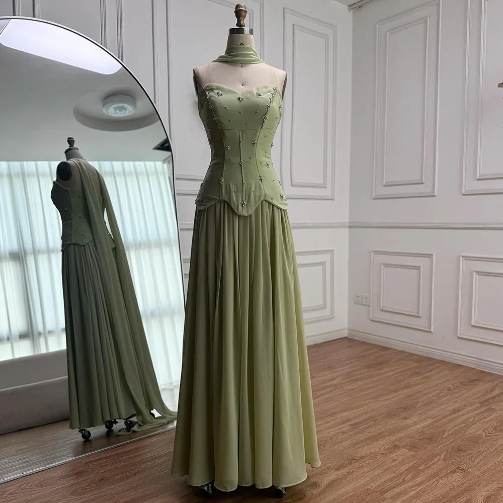 Elegant Sage Green Strapless A-Line Chiffon Evening Dress LA73073